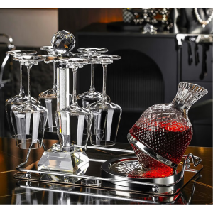 欧式奢华高档大号勃艮第水晶红酒杯酒具 425ml 6只+银钻架+银陀螺+镜面盘 
